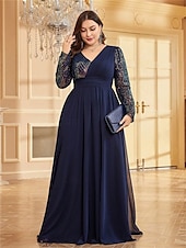cheap BLUE-A-Line Plus Size Dresses Elegant Curve Dress Formal Wedding Floor Length Long Sleeve V Neck Chiffon with Sequin