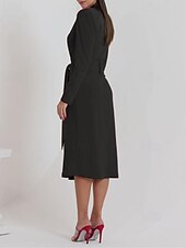 abordables Longueur du thé-Robe trapèze pour mère de la mariée, robe smoking, élégante, portefeuille, simple, minimaliste, col en V, revers châle, longueur midi, longueur thé, crêpe, tissu extensible, manches longues, couleur