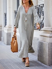 preiswerte Weißes Kleid-Damen Maxikleid A Linie Kleid Sommerkleid Lässig Täglich Normale Passform Einfach Langarm V Ausschnitt Schwarz Weiß Braun Grau Sommer