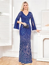 preiswerte BLAU-Meerjungfrau  Trompete Quinceanera Kleider Elegantes Kleid Formelles Hochzeitskleid Bodenlänge Langarm V-Ausschnitt Polyester mit Pailletten