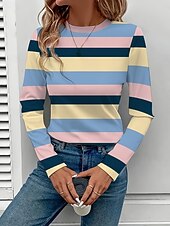 ieftine Tricou cu dungi și geometric-Pentru femei Tricou Grafic Geometric Dungi Epocă Stilat Clasic Manșon Lung Stil Nautic Rotund Topuri obișnuite Zilnic Imprimeu Roz Îmbujorat Roșu-aprins Fucsia Vară Primăvară Toamnă