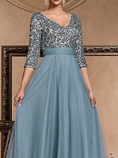 baratos AZUL-Vestido de Gala em A Vestido Elegante Formal Casamento Comprimento do Chão Manga 3/4 Decote em V Com Lantejoulas com Lantejoulas