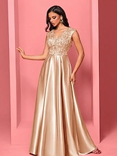 abordables Champagne-Robe A-Line Quinceanera Robes Élégante Robe de Mariage Formelle Longueur Maxi Sans Manches Col V Polyester avec Plis