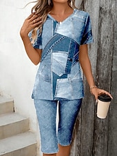 abordables Ensembles courts pour femmes-Femmes Mode Élégant T-shirt Ensembles de Shorts Manche Courte Col en V Graphique Géométrique 3D Patchwork Imprimé Décontracté Quotidien Noir Bleu Encre Bleu clair Été Coupe régulière