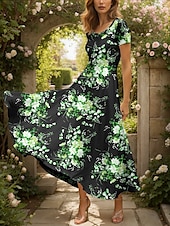 preiswerte Blumenkleider-Damen Maxikleid Strickkleid Freizeitkleid A Linie Kleid Sommerkleid Elegant Urlaub Lässig Normale Passform Blumen Grafik Kurzarm Quadrathals Rundausschnitt Gelb Rote Blau Purpur Sommer Frühling