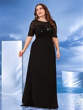 voordelige Zwart-A-Lijn Plus Size Jurken Elegante Curve Jurk Formele Bruiloft Vloerlengte Half Mouw Crew Hals Chiffon met Parels