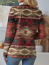 billige Boho t-skjorte-Dame T skjorte Grafisk Geometrisk Årgang Stilfull Klassisk Langermet Hals med hakk Vanlige topper Daglig Helg Trykt mønster Rød Blå Lilla Grønn Vår Høst
