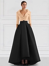 cheap BLUE-Blue Red A-Line Satin Formal Evening Gown Elegant Fall Wedding Guest Dress Tuxedo Dress Asymmetrical 3/4 Length Sleeve Shirt Collar with Pocket