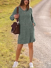 economico Abiti in maglia-Per donna Mini Abito Abito in maglia Casual Casuale Vestibilità regolare Semplice Manica Lunga Scollo a V Nero Marrone Verde Grigio Autunno Inverno