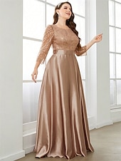 cheap YELLOW-A-Line Evening Gown Elegant Dress Formal Wedding Floor Length 3/4 Length Sleeve Crew Neck Satin with Pleats