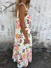 abordables Robes fleuries-Femmes Robe maxi Robe trapèze Robe Nuisette Vacances Occasionnel Boho Extérieur Sortir Coupe régulière Fleuri Sans manches Col en V Bleu Abricot Beige Été