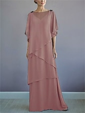 voordelige Vloerlengte-ts strand bruiloft a-lijn moeder van de bruid jurk formele bruiloft gast elegante bateau hals vloer lengte chiffon halve mouw met ruches drapering laag 2025