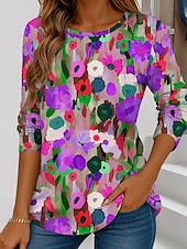 Maglietta da donna a manica lunga con scollo a girocollo tunica grafica floreale vintage elegante casual tops regolari stampa weekend rossa blu viola verde estate economico Maglietta Arte & Design-Maglietta da donna a manica lunga con scollo a girocollo tunica grafica floreale vintage elegante casual tops regolari stampa weekend rossa blu viola verde estate