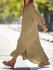 preiswerte Weißes Kleid-Damen Maxikleid A Linie Kleid Sommerkleid Lässig Täglich Normale Passform Einfach Langarm V Ausschnitt Schwarz Weiß Braun Grau Sommer