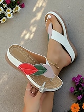 billige Komfortsandaler-Kilesandaler med fargeblokkmønster i bladdesign til dame – myke slip-on-flip-flops for hage, brunsj og sommerturer