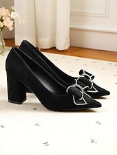 olcso Block Heels-női fekete velúr blokk sarkú, hegyes orrú, strasszos masnival díszített, elegáns és kényelmes alkalmi randevúkra és mindennapi viseletre.