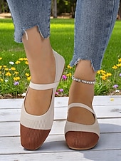 preiswerte Ballerinas für Damen-Zweifarbige Damen-Ballerinas aus Strick mit Riemen – atmungsaktive, lässige Mary-Jane-Schuhe für den Alltag, Spaziergänge und Frühlingsausflüge