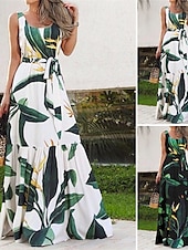preiswerte Druck Blumen Kleider-Damen Langes Kleid Maxikleid Freizeitkleid Schwingkleid Sommerkleid Unterkleid Elegant Mode Modern Täglich Strand Wochenende Normale Passform Blume Ärmellos Rundhalsausschnitt Schwarz und Wei