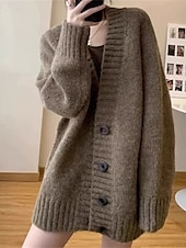 preiswerte Einfarbiger Cardigan-Damen Pullover Strickjacke Mode Einfarbig Gerippt V Ausschnitt Knöpfe Gestrickt Langarm Normale Oberteile Stricken Täglich Ferien Ausgehen Schwarz Dunkelgray Herbst