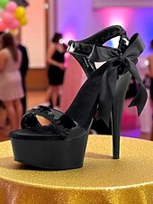 abordables Années 1980-Escarpins à talons aiguilles noirs vintage années 1980 avec nœud en satin rouge – sandales gothiques lolita sexy à talons hauts pour fêtes, spectacles et tenues de club