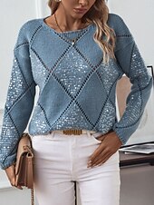 economico Colori solidi-Per donna Felpa Casual Morbido Colore Puro A Coste Girocollo Lavorato a maglia Manica Lunga Top Regolari Maglia All&#039;aperto Quotidiano Weekend Rosa Blu Autunno