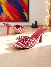 cheap Dress Sandals-Women&#039;s Gingham Bow Heeled Mules - Vintage Open Toe Slip-On Sandals for Casual Dates and Summer Outings