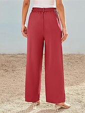billiga breda ben och hög midja-Dam Brett skaft Byxor Streetwear Ledigt Fullängd Hög midja Ensfärgat Ficka Mateial som andas Mjuk Microelastisk Semester Gata Dagliga kläder Svart Röd Brun Kaki Vår Höst Normal