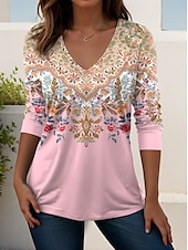 billige Boho t-skjorte-Dame T skjorte Grafisk Planter Årgang Elegant Bohem Årgang Langermet V-hals Vanlige topper Daglig Ut på byen Helg Trykt mønster Svart Hvit Rosa Dusty Rose Rød Vår Høst