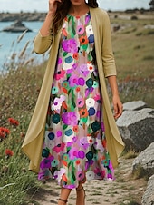 billige Blomsterkjole-Dame Kjolesett Skiftkjole Sommerkjole Fritid Nyanse Blomstret Multi Layer Trykt mønster Midikjole 3/4 ermer Crew-hals Daglig Blå Lilla Grønn Sommer Vår Normal
