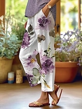 abordables Pantalon droit-Femmes Chinos Vacances ancien Style Ethnique Longueur complète Taille haute Fleuri Avec Poches Respirant Doux Extérieur Micro-Élastique Extérieur Vacances Occasionnel Blanche Vert clair Rouge Violet
