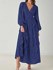 baratos Comprimento do chão-Linha A Vestido Para Mãe dos Noivos Formal Convidado do casamento Elegante Simples Minimalista Decote V Longo Chiffon Renda Manga Longa com Franzido Babados em Cascata 2025