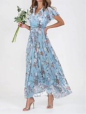 abordables Robes fleuries-Femmes Robe maxi Robe trapèze Vacances Occasionnel Boho Extérieur Sortir Coupe Standard Fleuri Manche Courte Col en V Bleu Ciel Bleu Fuchsia Vert Été
