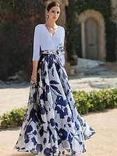 cheap Floor Length-Beach Wedding A-Line Mother of the Bride Dress Formal Wedding Guest Elegant V Neck Floor Length Chiffon 3/4 Length Sleeve with Flower Wedding Guest Dress 2025 free custom size