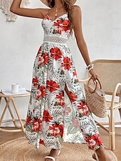 levne Elegantní květinové šaty-Dámské Midi šaty Květinové šaty Letní šaty Slip Dress Šaty s potiskem Módní Klasické Moderní Dovolená Denní Jdeme ven Běžný Květiny Bez rukávů Popruhy Rubínově červená Vodní modrá Trávová zelená Léto