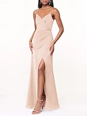 cheap Bridesmaid Dresses-A-Line Bridesmaid Dress V Neck / Spaghetti Strap Sleeveless Elegant Floor Length Charmeuse with Split Front / Ruching