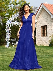abordables BLEU-Robe A-Line Quinceanera Élégante Robe Formal Mariage Longueur Totale Sans Manches Décolleté en V Polyester avec Plis Sequin