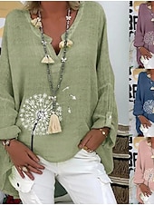 voordelige Overhemden-Dames Katoenen linnen overhemden Bloemig Basic Casual Lange mouw Overhemdkraag Normale tops Dagelijks Afdrukken Blozend Roze Marineblauw Fuchsia Groen Zomer Herfst