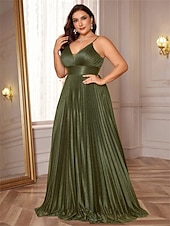 baratos VERDE-Vestidos A-Line Plus Size Vestido Elegante Curvas Formal Casamento Comprimento Total Sem Mangas Decote em V Cetim Costas Descidas com Pregas
