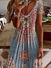 tanie Sukienki boho-Damskie Sukienka maxi Codzienne sukienki Sukienka A line Letnie sukienki Elegancja Urlop Zabytkowe Regularny Kwiaty Graficzny W Tureckie Wzory Krótki rękaw Dekolt w kształcie litery U Jasnozielony