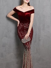cheap RED-Mermaid / Trumpet Evening Gown Elegant Dress Formal Wedding Floor Length Short Sleeve Off Shoulder Velvet with Beading