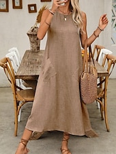 preiswerte Weißes Kleid-Damen Maxikleid A Linie Kleid Sommerkleid Lässig Täglich Normale Passform Einfach Ärmellos Rundhalsausschnitt Wein Blau Braun Grün Sommer
