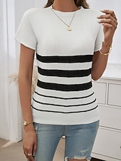 billige Grafiske mønstre og detaljer-Dame Bluse Stripet Stilfull Fritid Kortermet Crew-hals Vanlige topper Daglig Lapper Svart Hvit Brun Kakifarget Sommer
