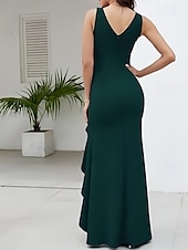 billige Gjestekjoler til bryllup-Havfrue  Trompet Bryllupsgjest Kjoler Elegant Kjole Bryllup Bryllupsgjest Gulvlengde Uten ermer V Hals Stretch Crepe med Rynkede Volanger Split