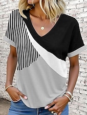 billige Stripe og geometrisk t-skjorte-Dame T skjorte Grafisk Geometrisk Årgang Stilfull Moderne Kortermet V-hals Vanlige topper Daglig Trykt mønster Rosa Blå Lilla Grønn Kakifarget Sommer