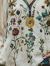 abordables Tops Boho-Blusa estilo bohemio estilo occidental para mujer, blusa con flores, moderna, informal, de manga larga, cuello en V, blusas de estilo regular, para uso diario, vacaciones, salidas, estampado beige,