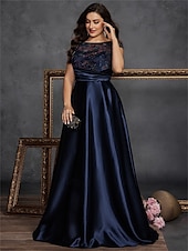 baratos AZUL-A-Line Vestidos Plus Size Elegante Vestido de Curvas Formal Casamento Comprimento do Chão Sem Mangas Decote Redondo Cetim com Plissados 2025