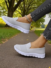 billige Sneakers til kvinner-Grå flyknit slip-on-sneakers til dame – hverdagssko for turgåing, ærender og fritid i parken