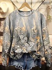 billige Boho topper-Dame Genser med genser Blomstret Grafisk Fritid Langermet Crew-hals Vanlige topper Gate Hverdag Avslappet Trykt mønster Svart Rosa Blå Oransje Grå Vår Høst Vinter
