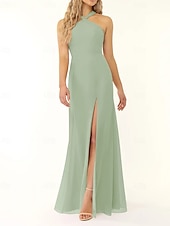 baratos Vestidos para Madrinhas-Vestido de dama de honra sereia/trompete, decote halter, sem mangas, elegante, longo, chiffon, com fenda frontal 2025