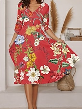 abordables Robes fleuries-Femmes Robe Midi Robe trapèze Vacances Occasionnel Sortir Coupe régulière Fleuri Graphique manche longue Col en V Jaune Rouge Vert Beige Été